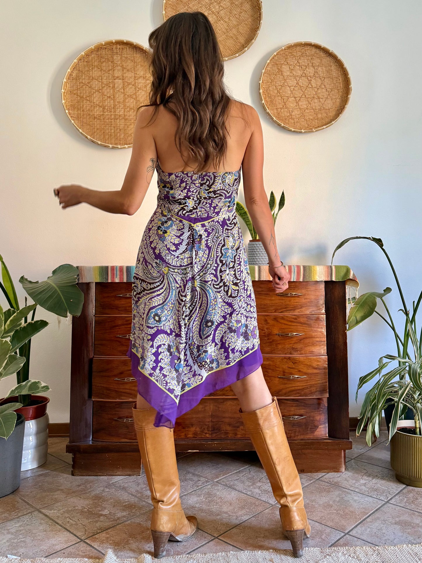 Y2k vintage purple and yellow floral silk halter top midi dress
