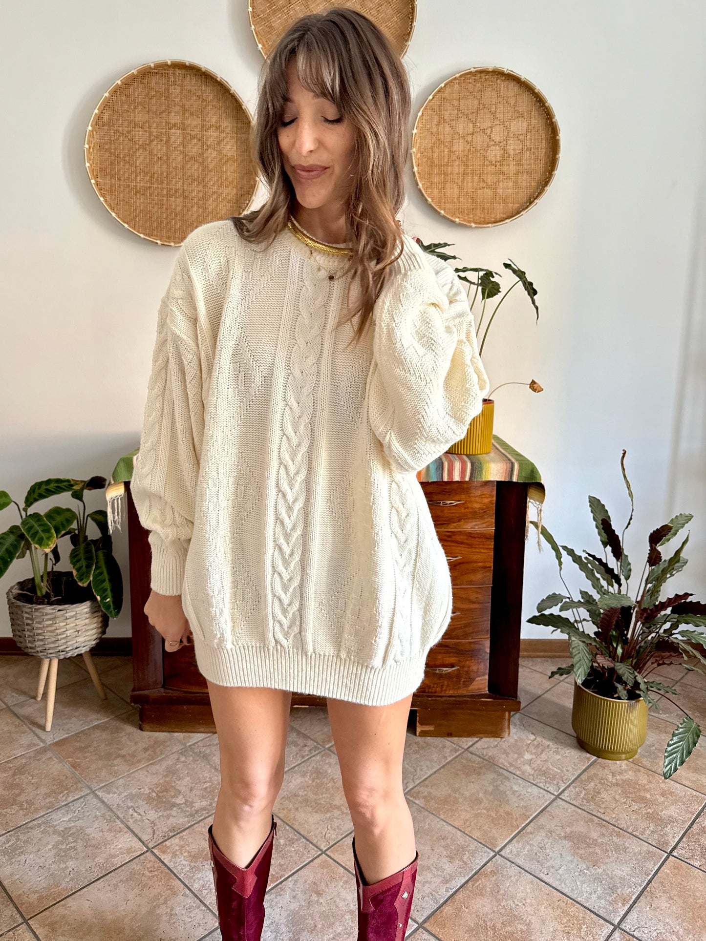 1970's vintage oversize cream wool blend cable knit Fisherman's pullover