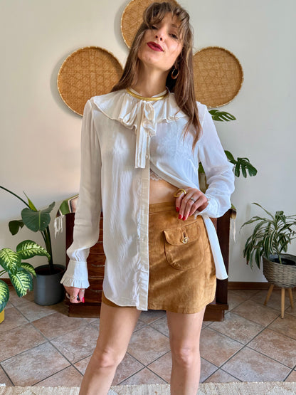 Y2K vintage cream silk blouse with ruffle collar and cuff details