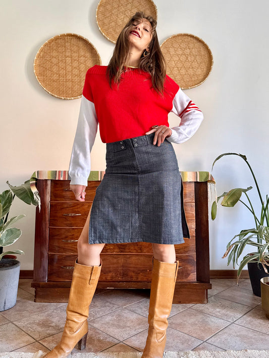 Y2K vintage dark denim midi skirt with zipper details