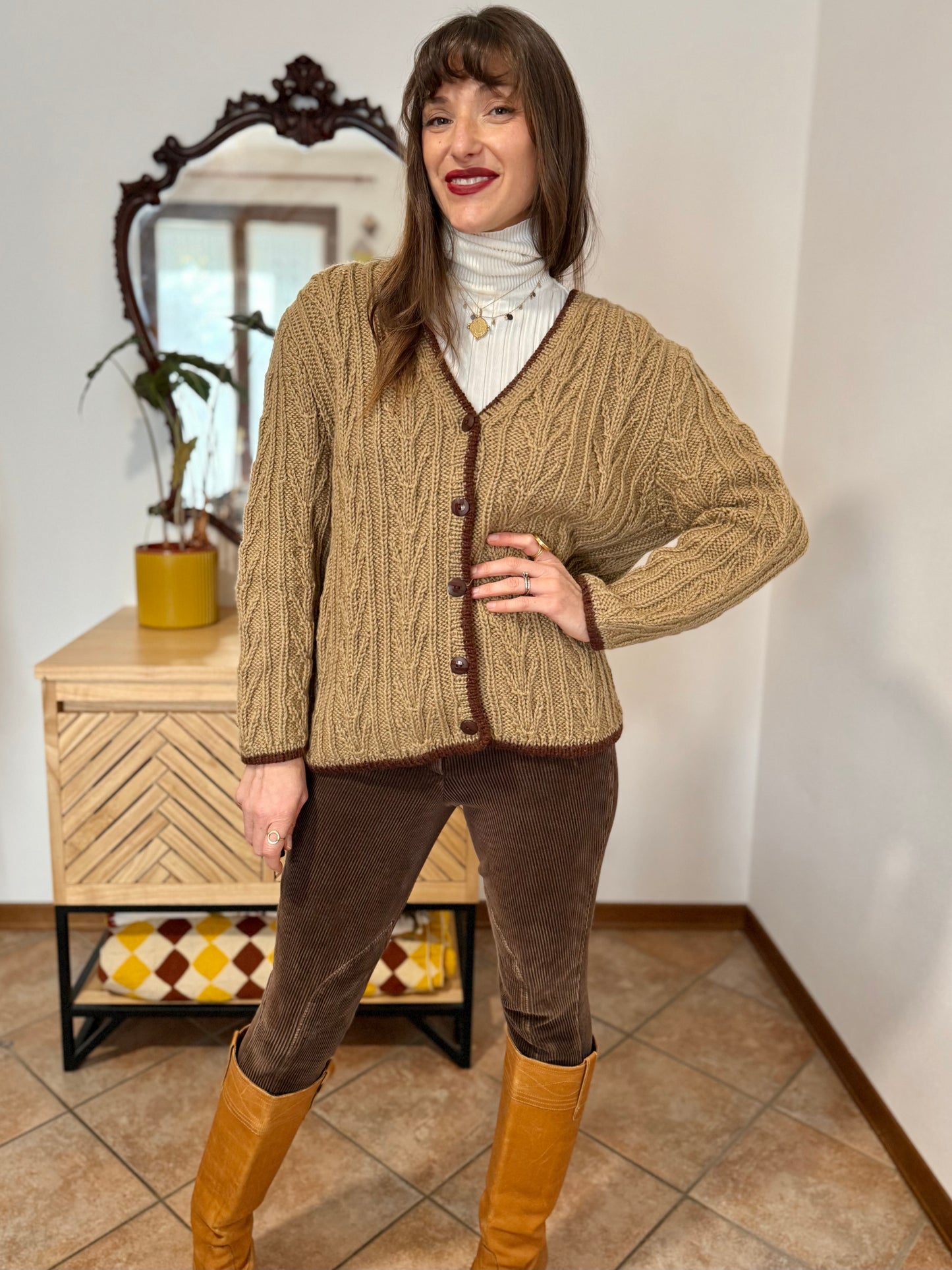 1970’s vintage tan hand knit wool cardigan with chocolate brown stitch trimming