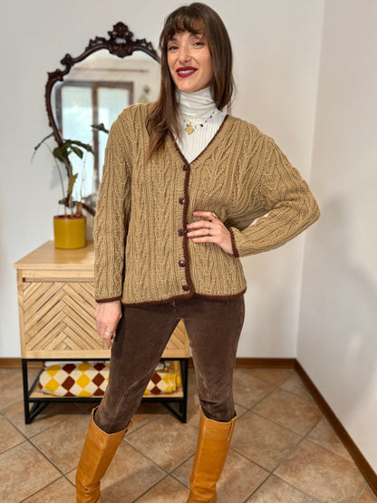 1970’s vintage tan hand knit wool cardigan with chocolate brown stitch trimming