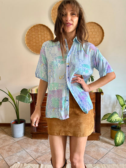 1990’s vintage lilac, turquoise and light blue geometric print blouse