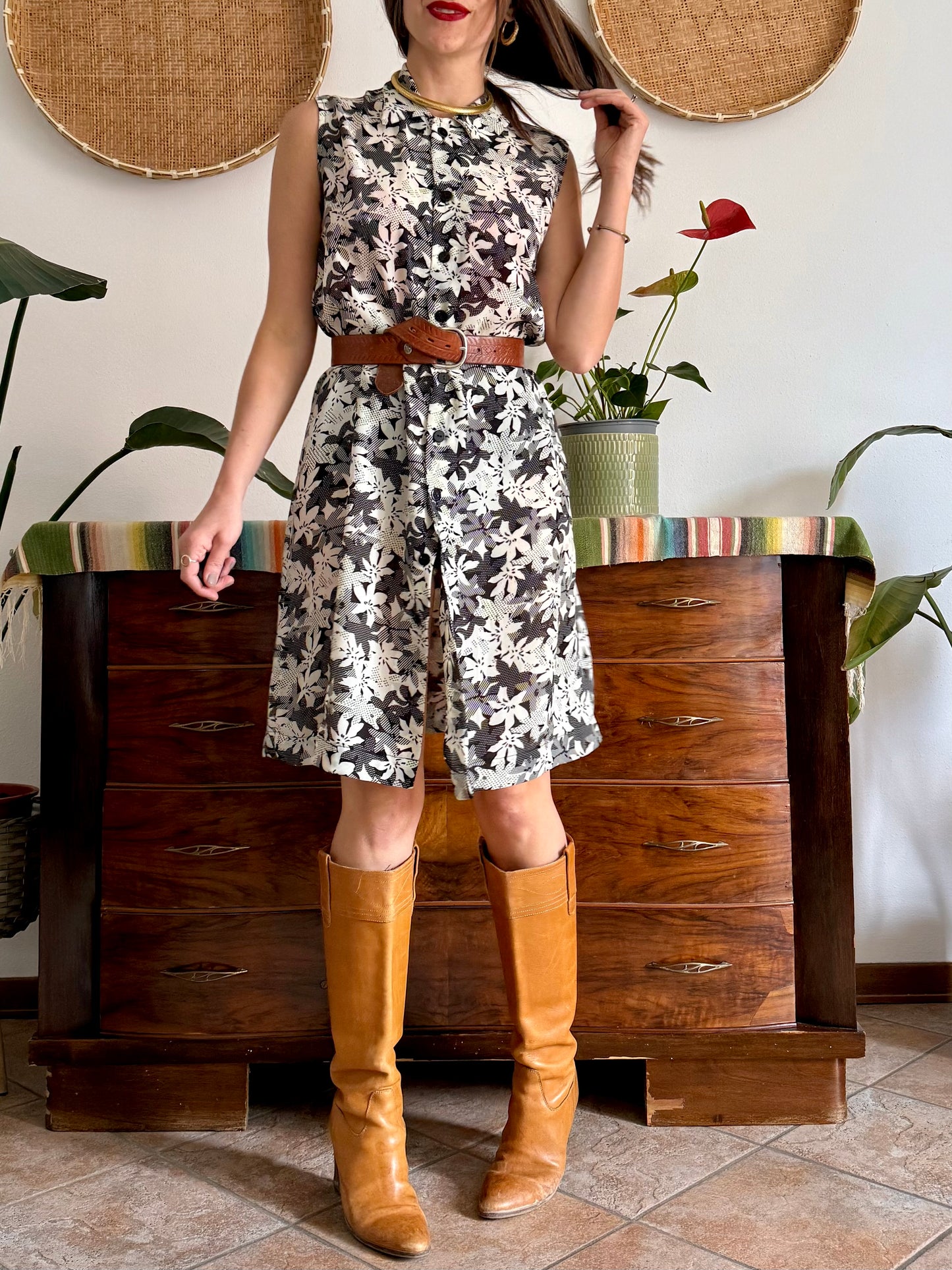 1970’s vintage semi sheer black and white floral print midi dress