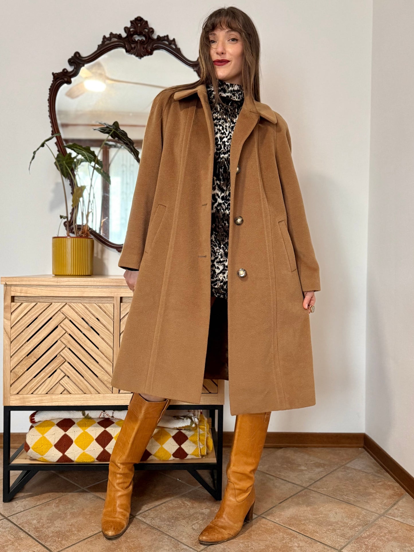 1970’s vintage tan wool overcoat with oversize button details