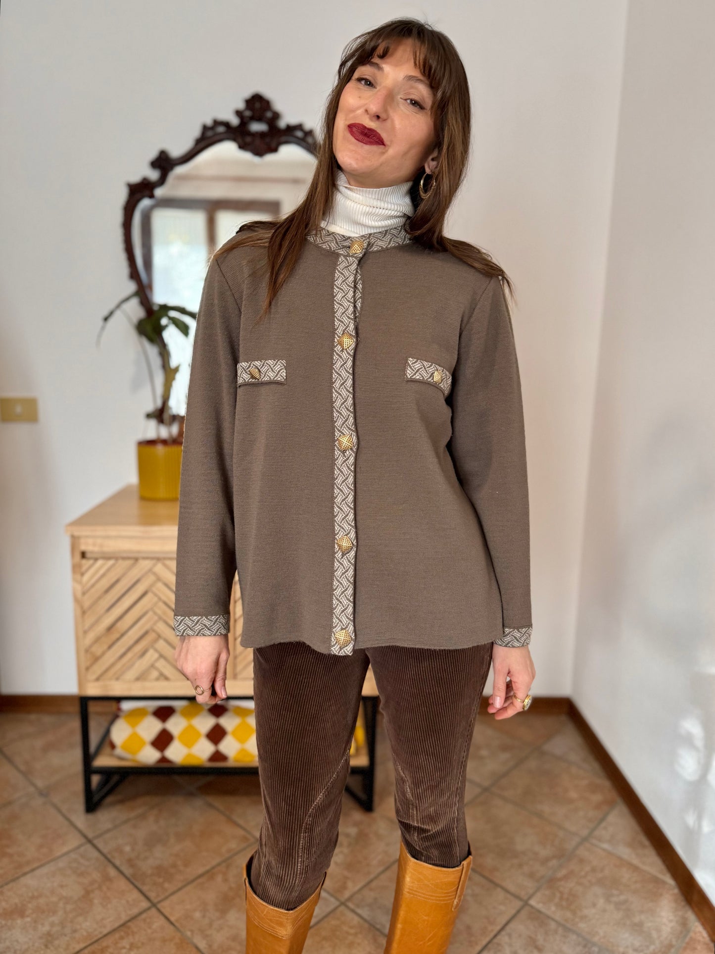 1980's vintage khaki wool cardigan with cream geometric knit pattern and square brass buttons