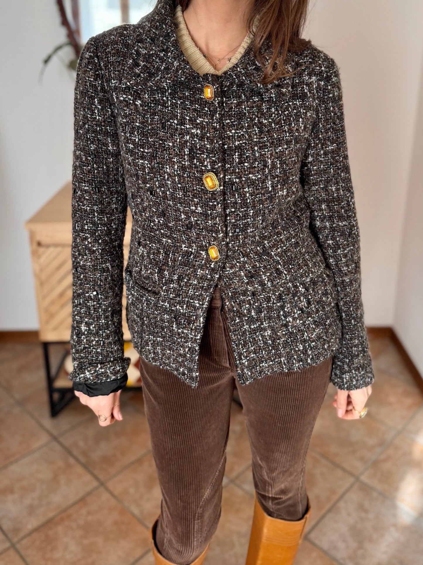 1990’s vintage black, khaki and cream boucle wool with gold and yellow glass buttons