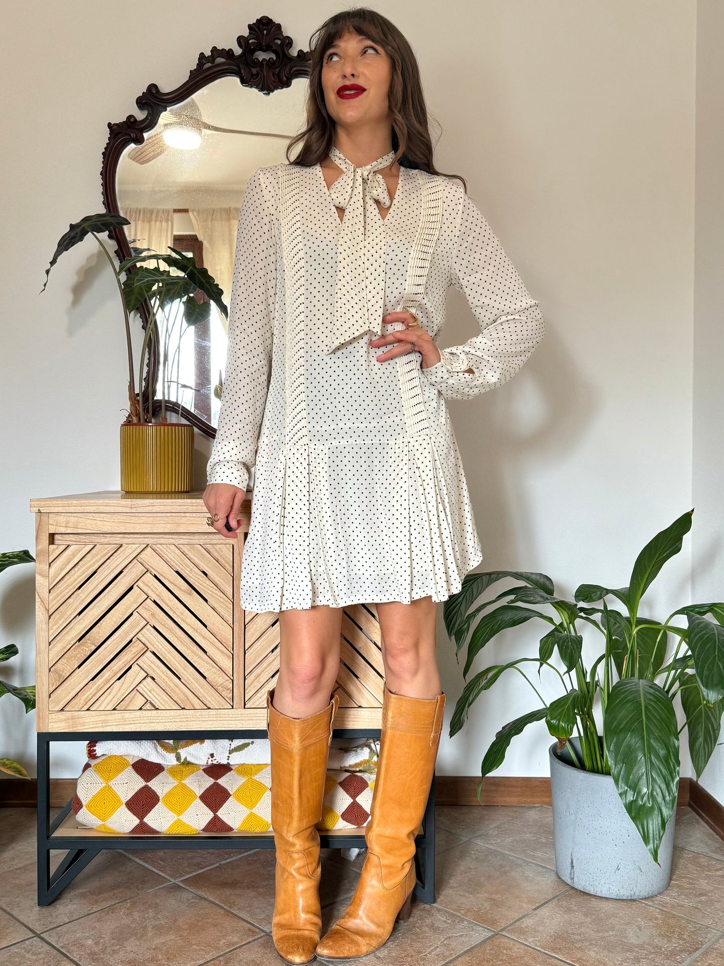 1990’s vintage cream pleated mini dress with black polkadots and bow tie neck