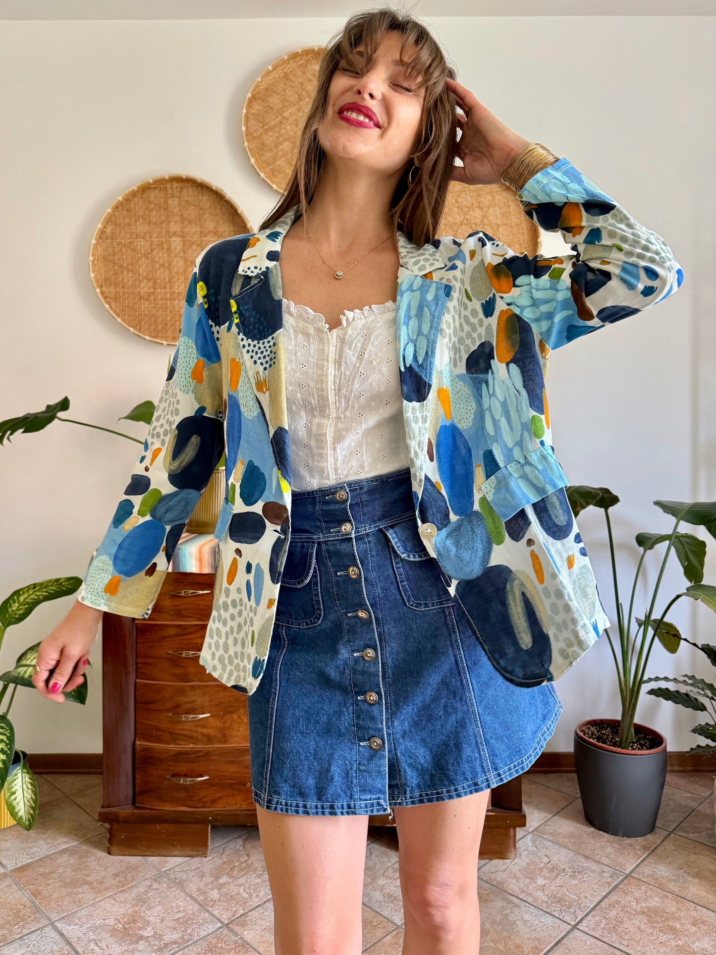 1990’s vintage blue, green and orange abstract print linen jacket