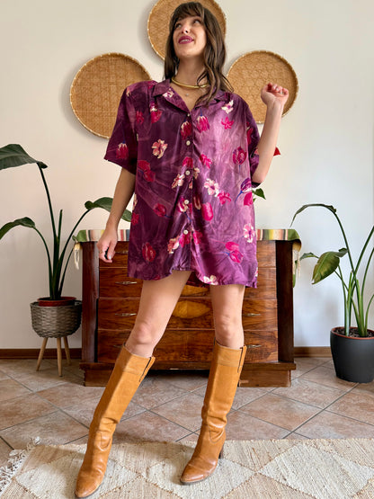 1980’s vintage fucsia and purple multi tonal floral shirt dress