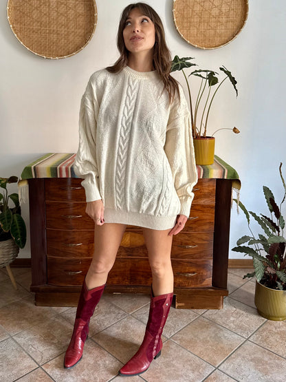 1970's vintage oversize cream wool blend cable knit Fisherman's pullover