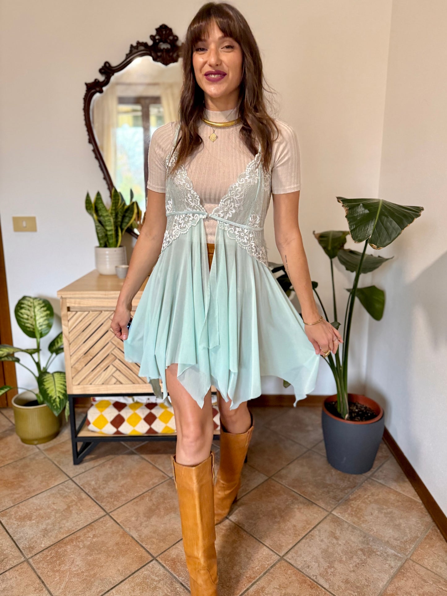 Y2K vintage asymmetrical light turquoise and lace slip