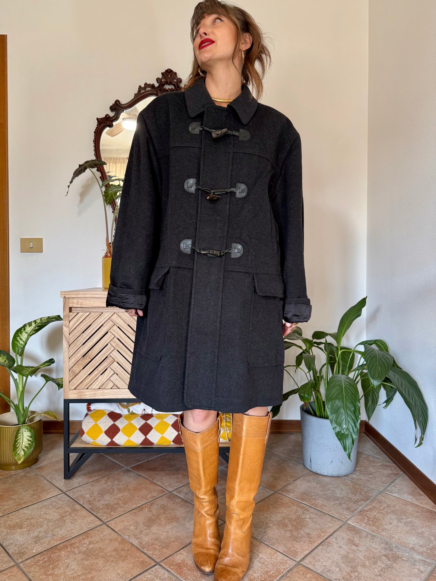 1970’s vintage charcoal grey cashmere and wool coat with toggle details