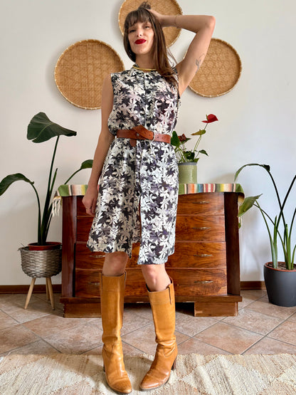 1970’s vintage semi sheer black and white floral print midi dress