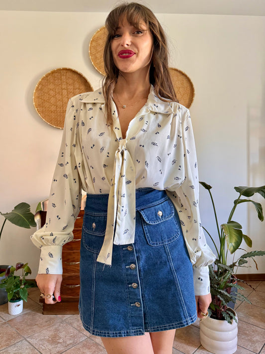 1970’s vintage cream with navy blue floral bow tie silk blouse