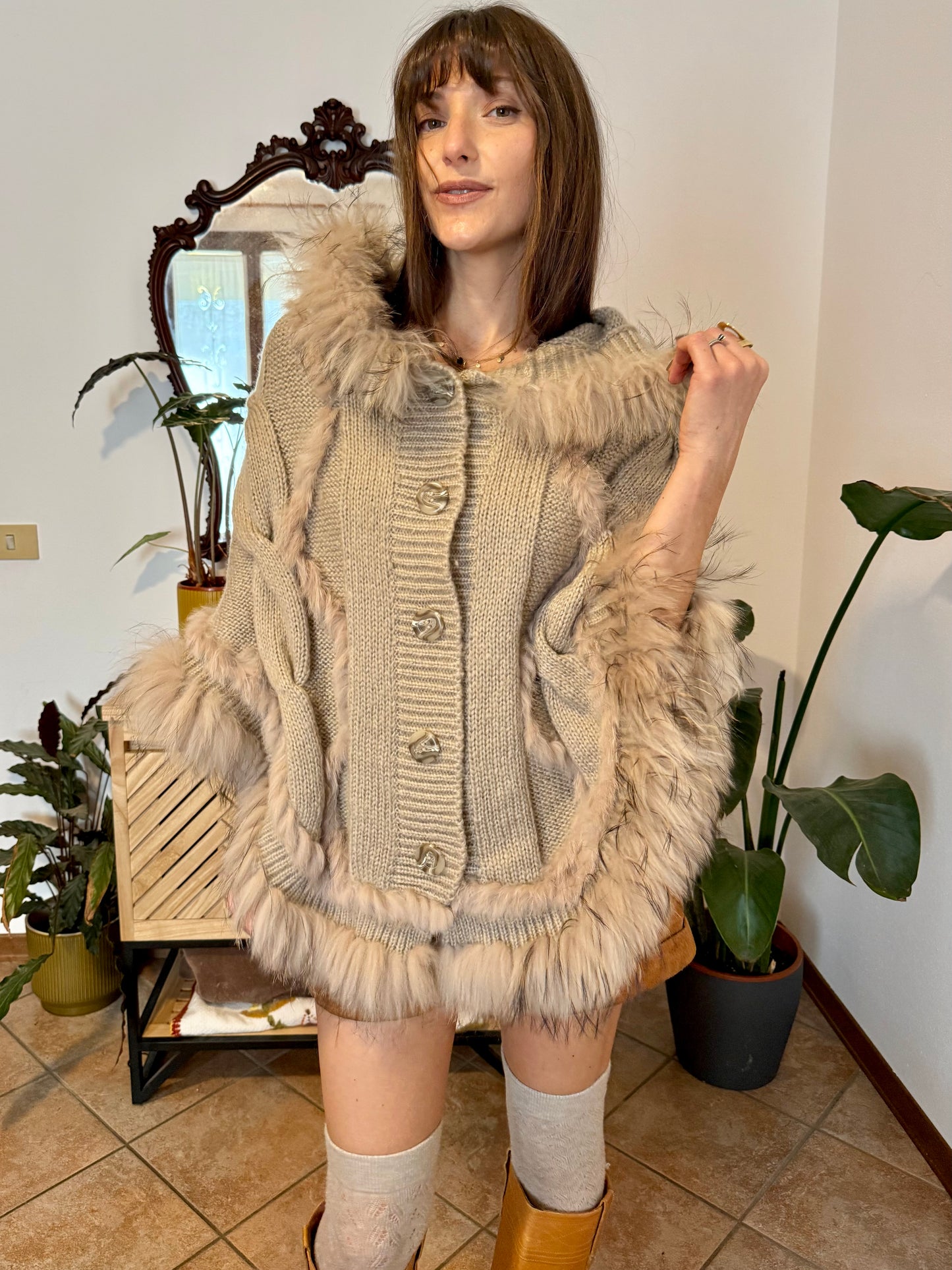 1970's vintage beige knit mohair poncho with fur trimming