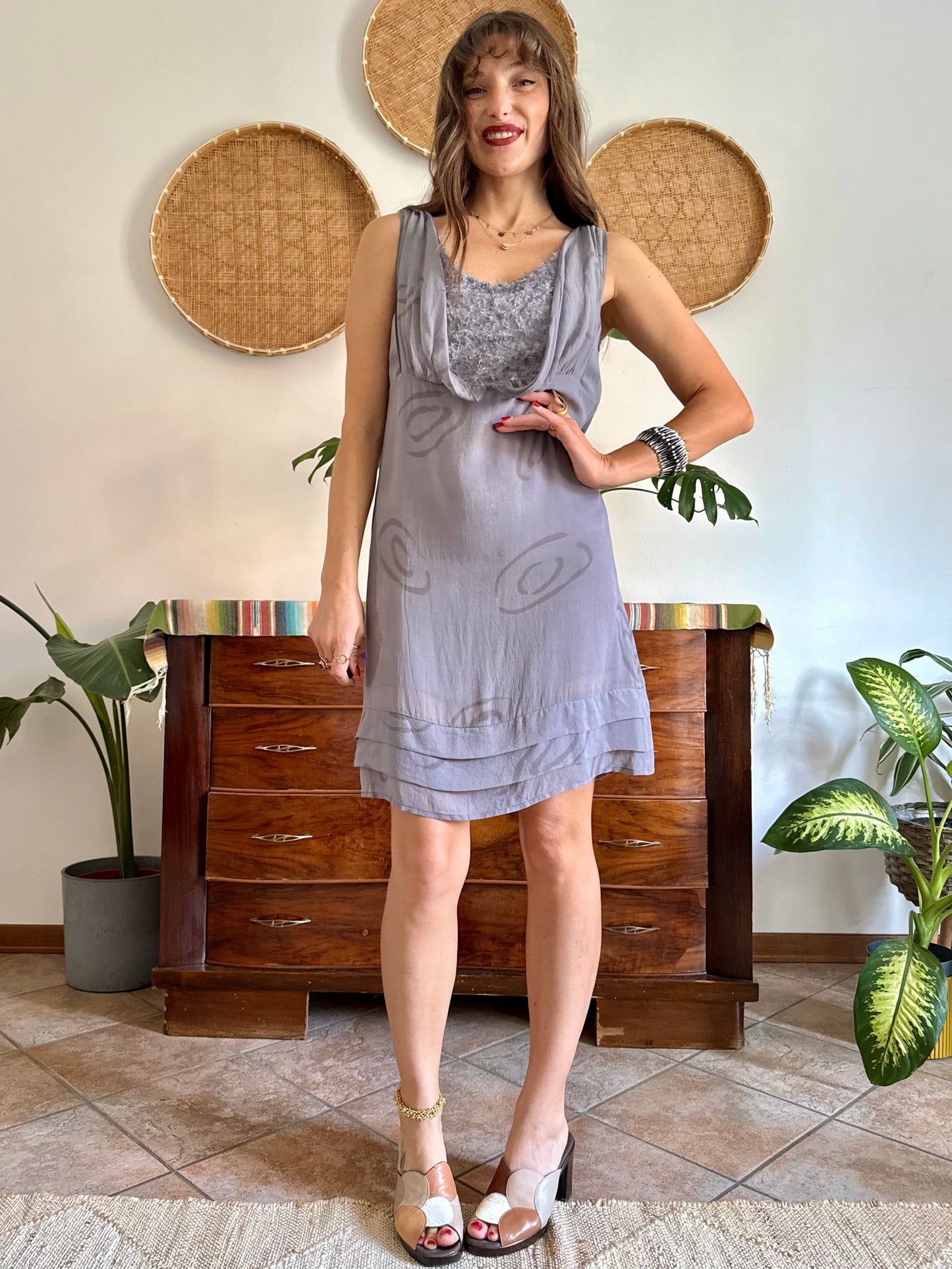 1990’s vintage grey silk mini slip dress with geometric pattern and silver textured details