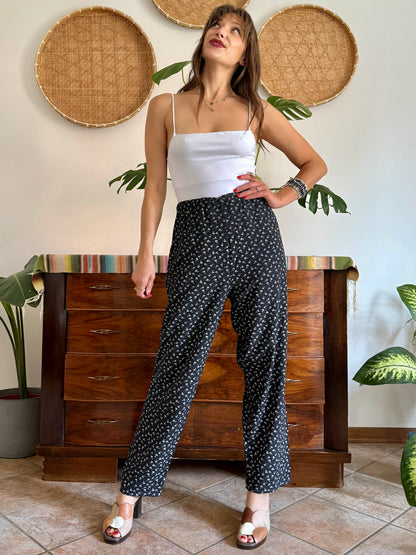 1970’s vintage black wide leg trousers with micro white floral embroidery