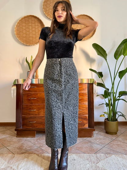 1970’s vintage dark grey animal print denim midi skirt