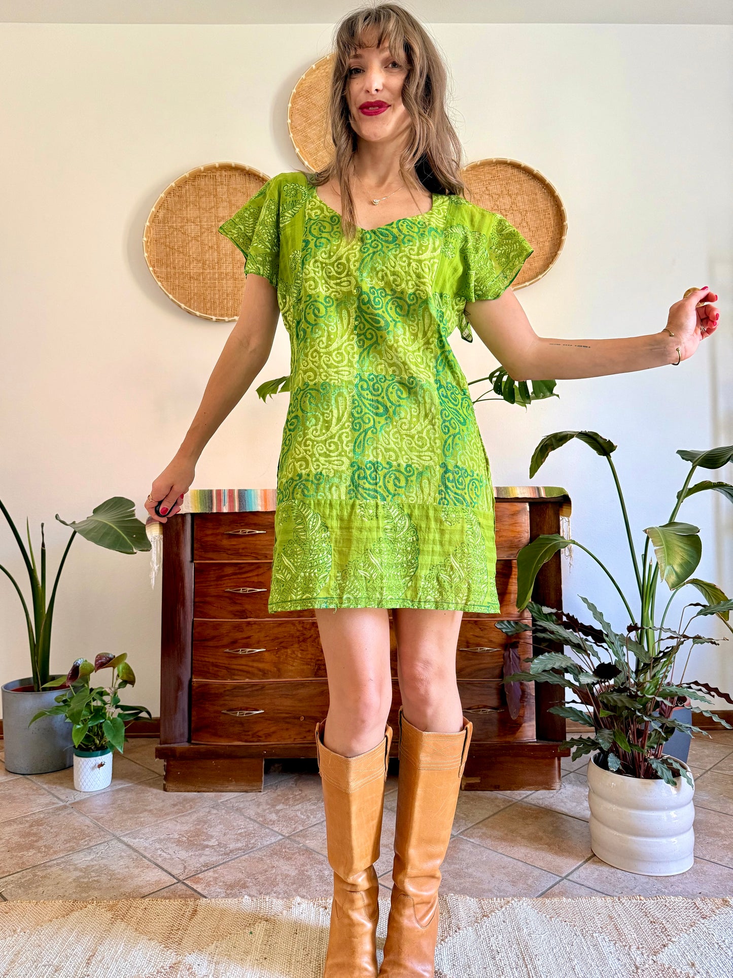 1970’s vintage mutitonal green hand block printed mini dress