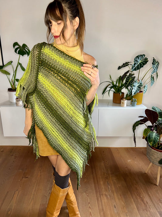 1970's vintage wool multitonal green stripe knit poncho with fringe details