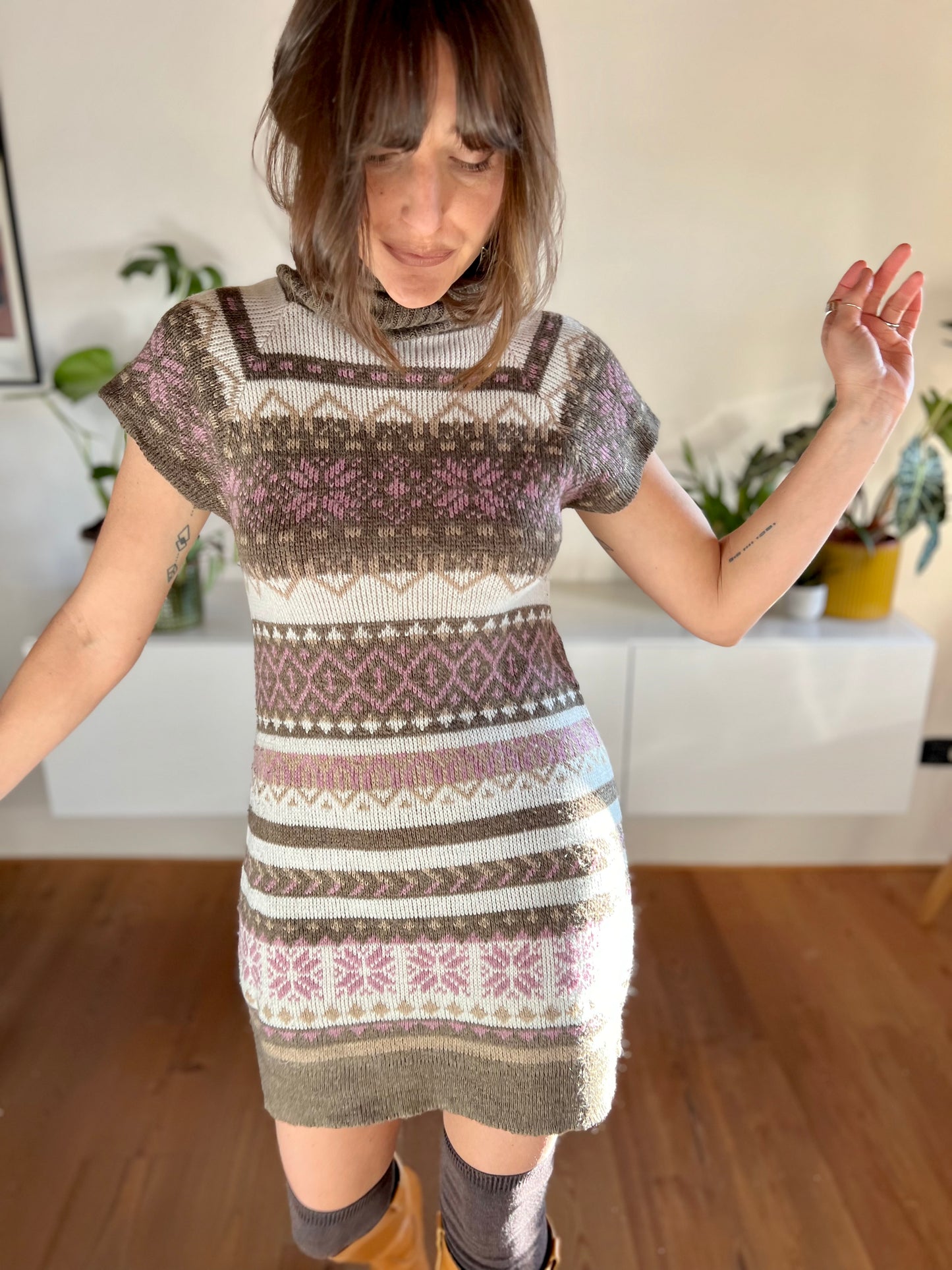 1990's vintage pink and brown geometric knit turtleneck mini dress