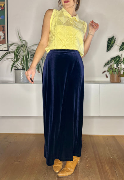 1970's vintage navy blue velvet maxi skirt