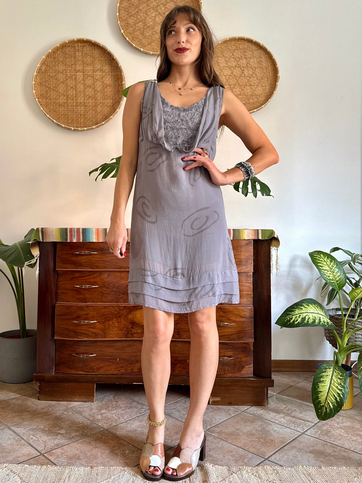 1990’s vintage grey silk mini slip dress with geometric pattern and silver textured details