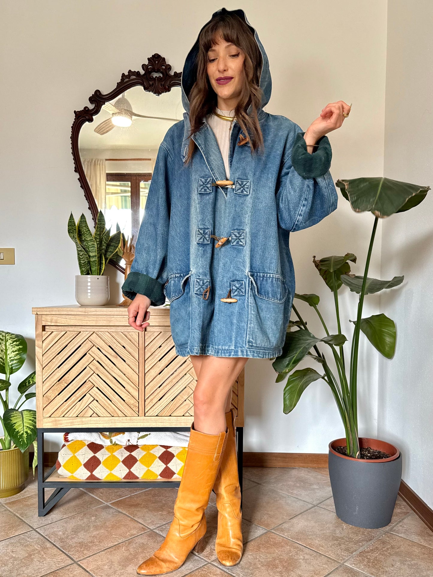 1990’s vintage denim duffle coat with green and navy plaid lining