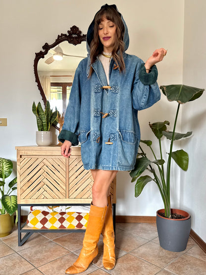 1990’s vintage denim duffle coat with green and navy plaid lining