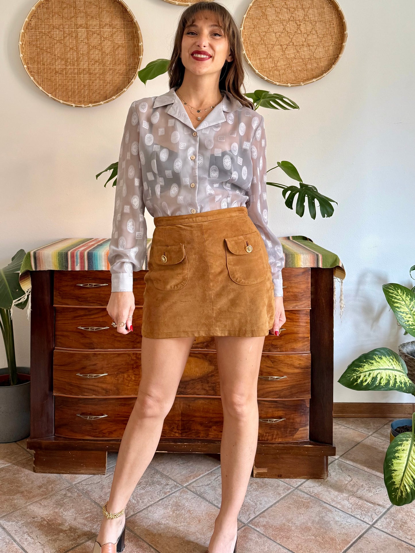 1970’s silver sheer textured weave floral blouse
