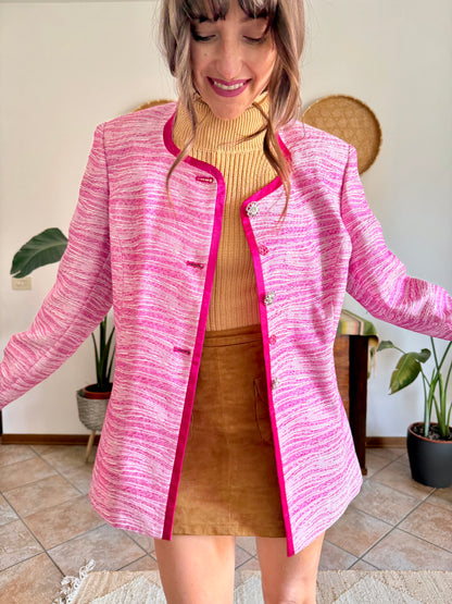 1980’s vintage fuchsia and cream textured woven jacket with rhinestones stone buttons