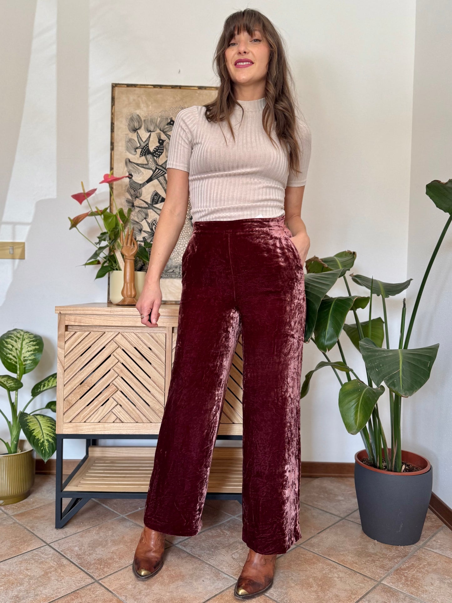 Burgundy crushed velvet wide leg trousers