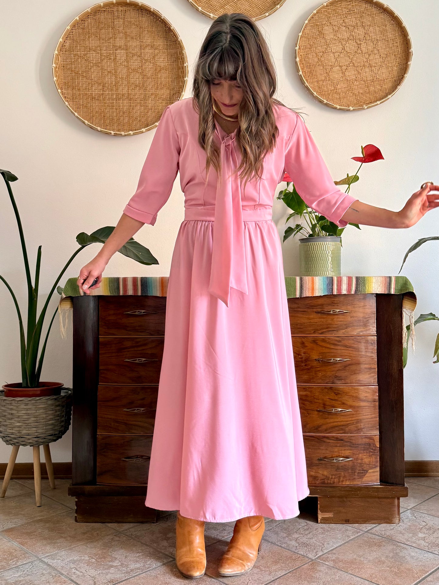 1970’s vintage pink maxi dress with bow tie collar