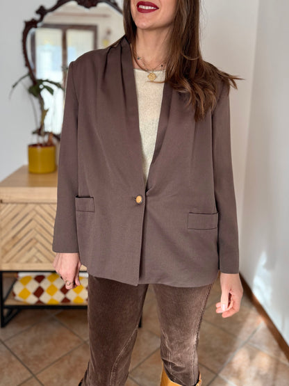 1970's vintage dark khaki brown oversize blazer with pleated shoulder details
