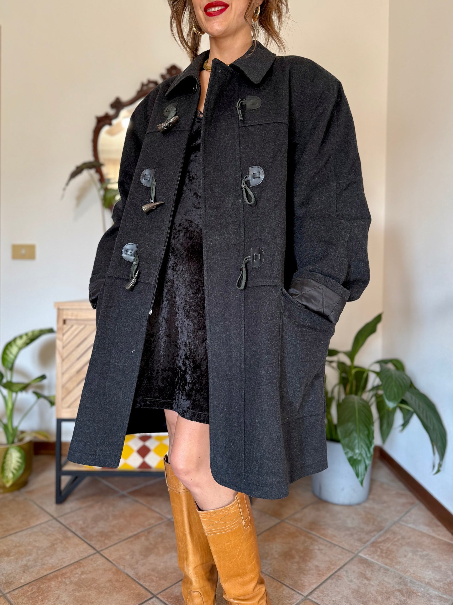 1970’s vintage charcoal grey cashmere and wool coat with toggle details