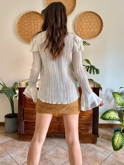 1990’s vintage sheer white silk blend textured ruffle blouse with bell sleeves and floral embroider
