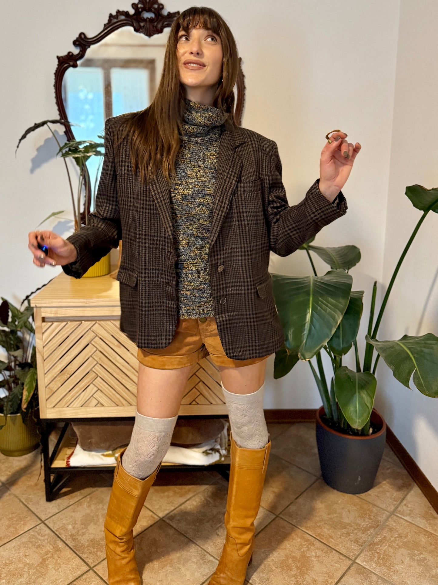 1990's vintage cashmere, wool and silk blend chocolate brown and blue blazer