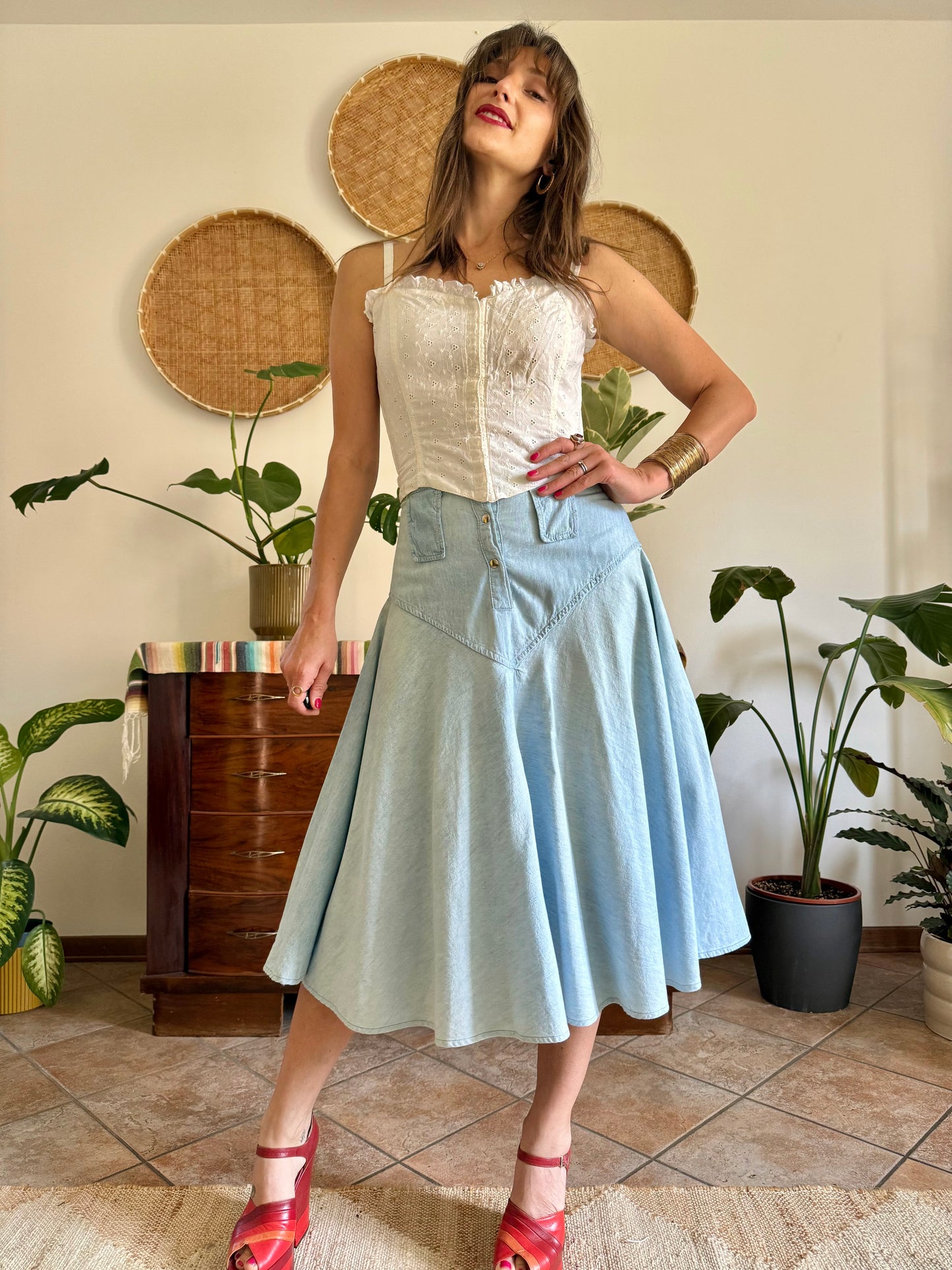 1970’s vintage light wash denim midi skirt