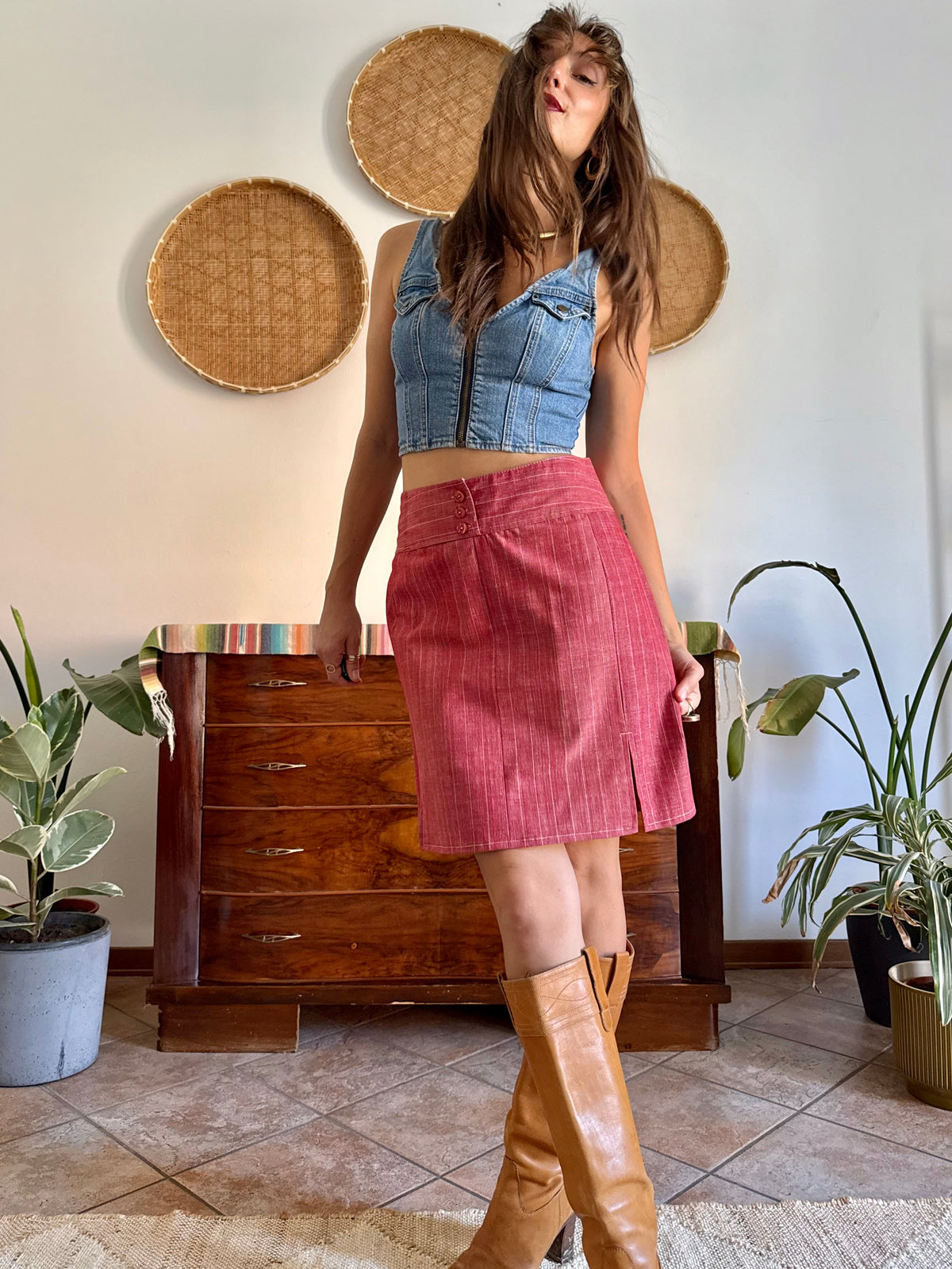1990's vintage red and white pin stripe textured mini skirt
