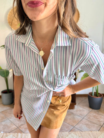 1970’s vintage lavender, turquoise and cream vertical stripe shirt