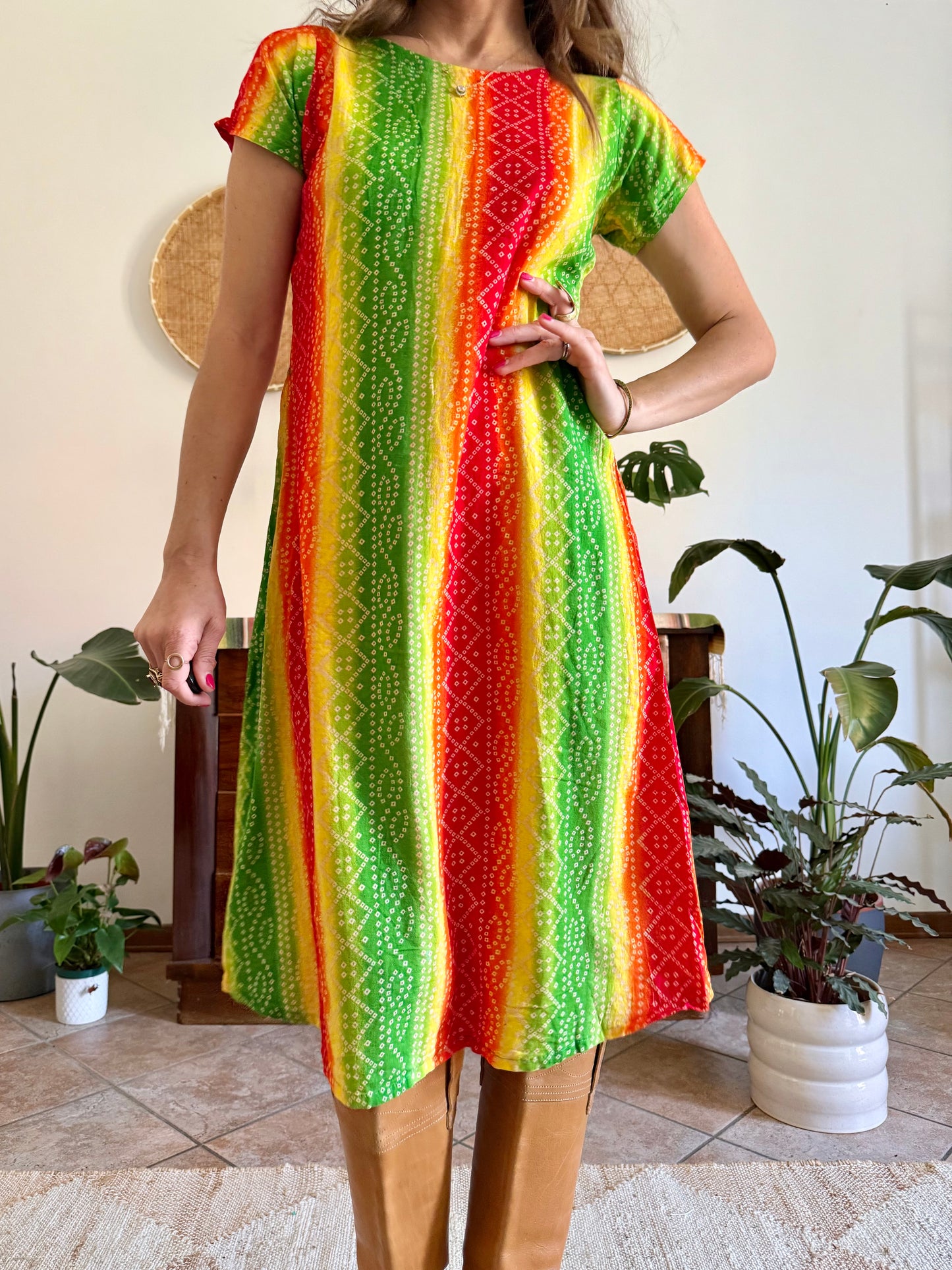 1970’s vintage multicolour tie die effect midi dress