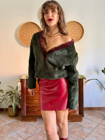 1970's vintage dark green and burgundy fur textured pullover