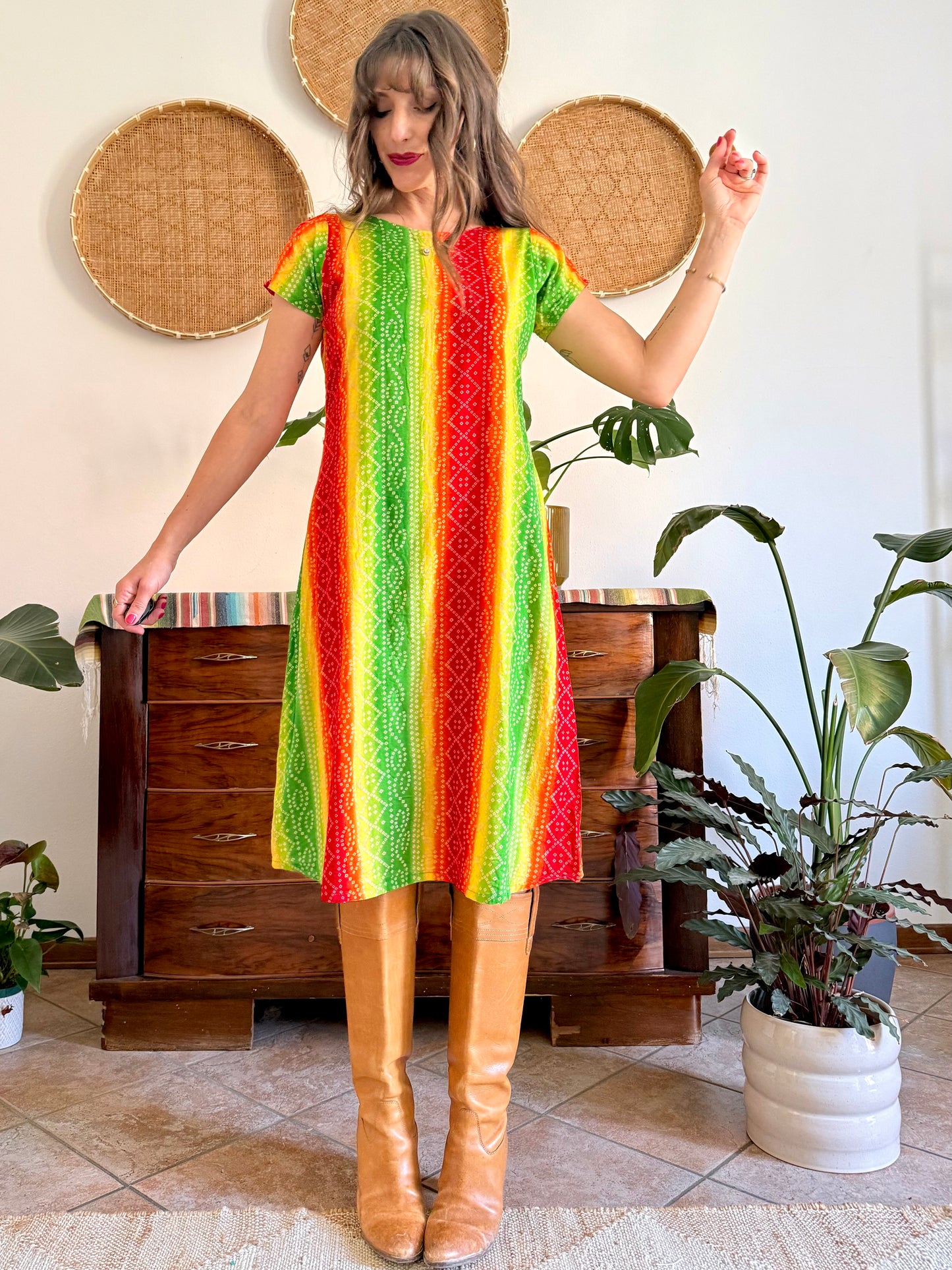 1970’s vintage multicolour tie die effect midi dress