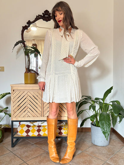 1990’s vintage cream pleated mini dress with black polkadots and bow tie neck