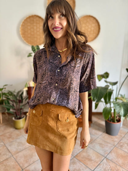1970's vintage purple, tan and black abstract paisley print