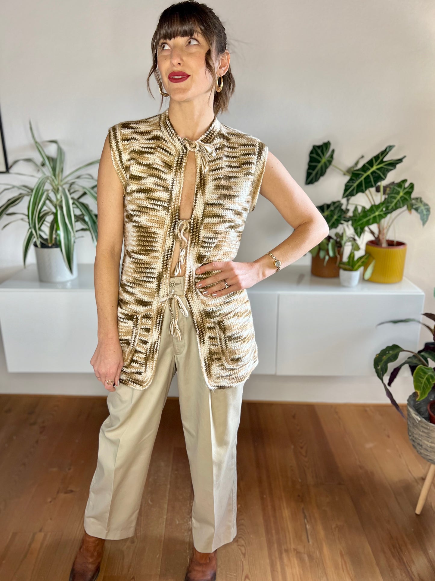 1970's vintage hand knit brown and cream tie front knit vest