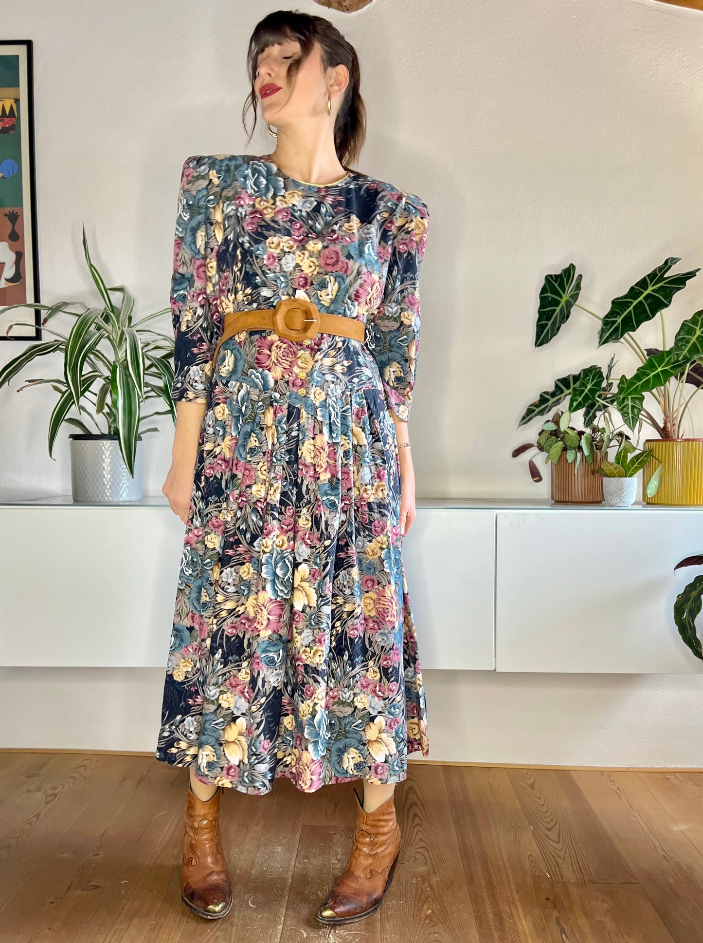 1970's vintage blue and rose coloured floral maxi dress