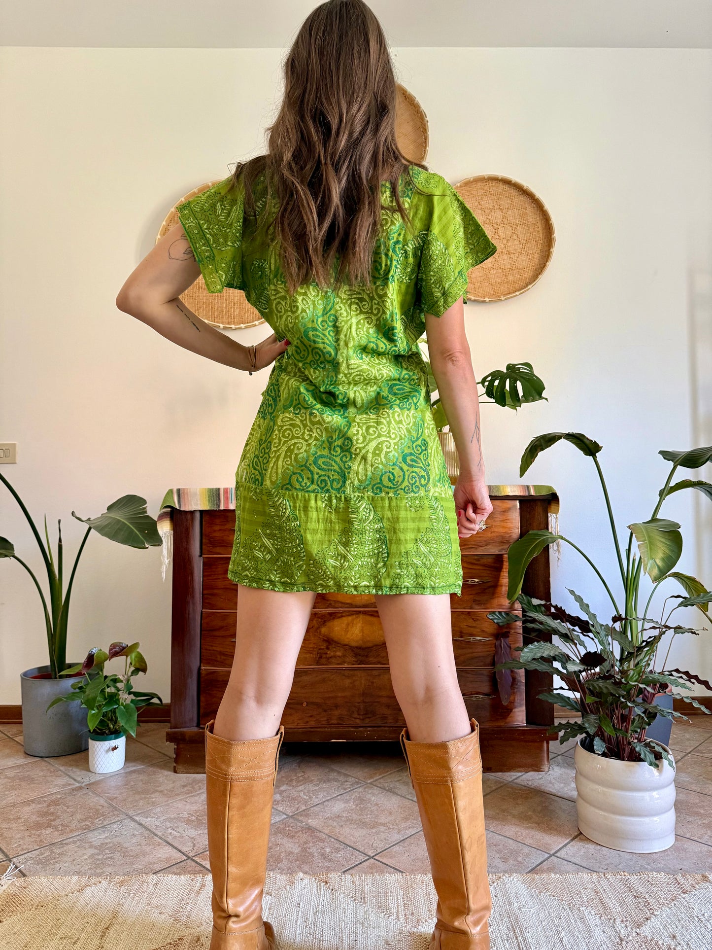 1970’s vintage mutitonal green hand block printed mini dress