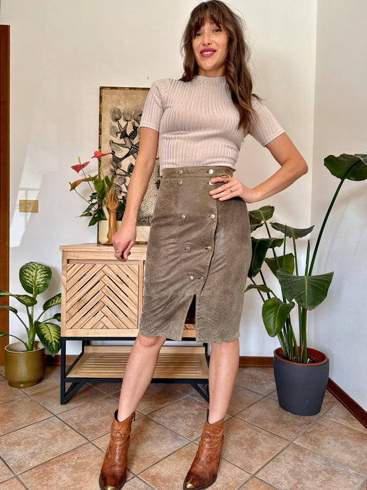 1970’s vintage khaki color butter soft suede skirt with silver button details